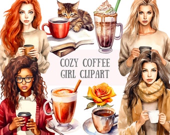 Aquarell gemütliche Kaffee Mädchen Clipart Kaffeetasse Becher PNG digitale Bild Downloads für die Kartenherstellung Scrapbook Junk Journal Papierhandwerk