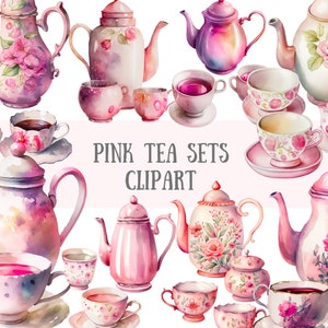 Acquerello rosa set da tè Clipart - tazze da tè Tea Party PNG Download di immagini digitali per la creazione di cartoline, album di ritagli, diario spazzatura, artigianato di carta
