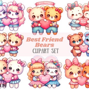 Aquarell Bester Freund Bären Clipart BFF Beste Freunde für immer PNG digitale Bild-Download für Kartenherstellung Scrapbook Junk Journal Papierhandwerk