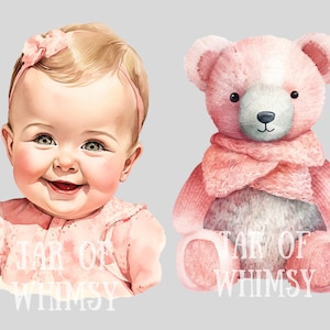 May include: A watercolor illustration of a smiling baby girl wearing a pink dress and a pink headband with a bow. The baby is holding a pink teddy bear with a pink scarf. The text "Jar of Whimsy" is written below the baby and the bear.