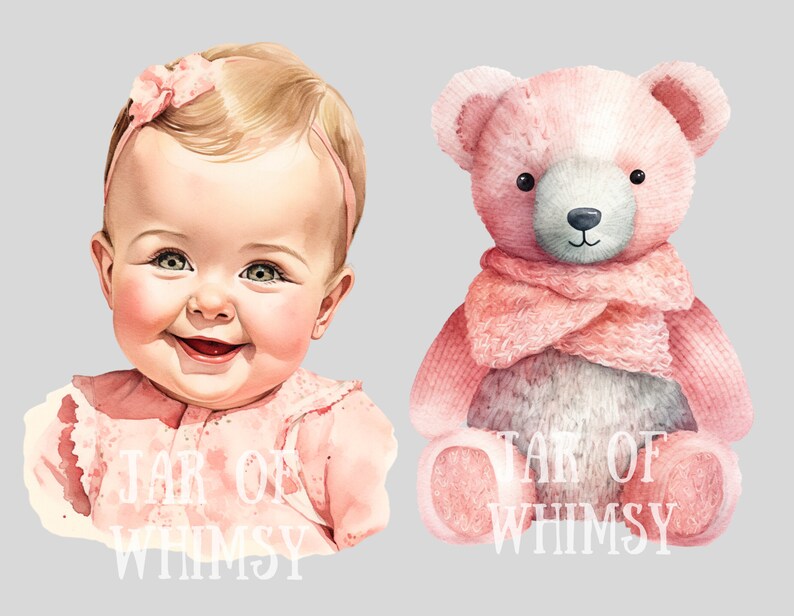 May include: A watercolor illustration of a smiling baby girl wearing a pink dress and a pink headband with a bow. The baby is holding a pink teddy bear with a pink scarf. The text "Jar of Whimsy" is written below the baby and the bear.