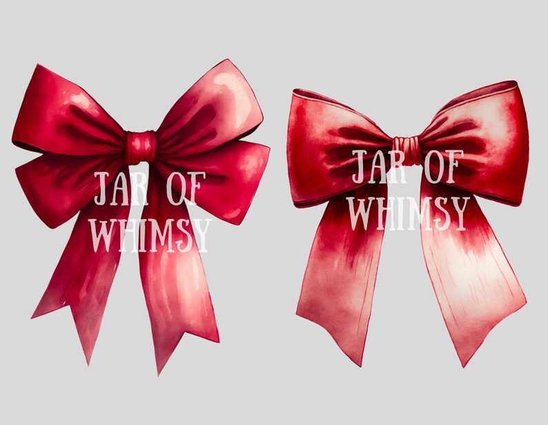 May include: Two red watercolor bows with the text "JAR OF WHIMSY" in white.