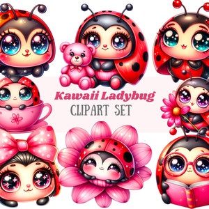 Aquarela Kawaii Joaninha Clipart Chibi Joaninha Lady Beetle PNG Downloads de imagens digitais para fazer cartões Scrapbook Junk Journal Paper Craft