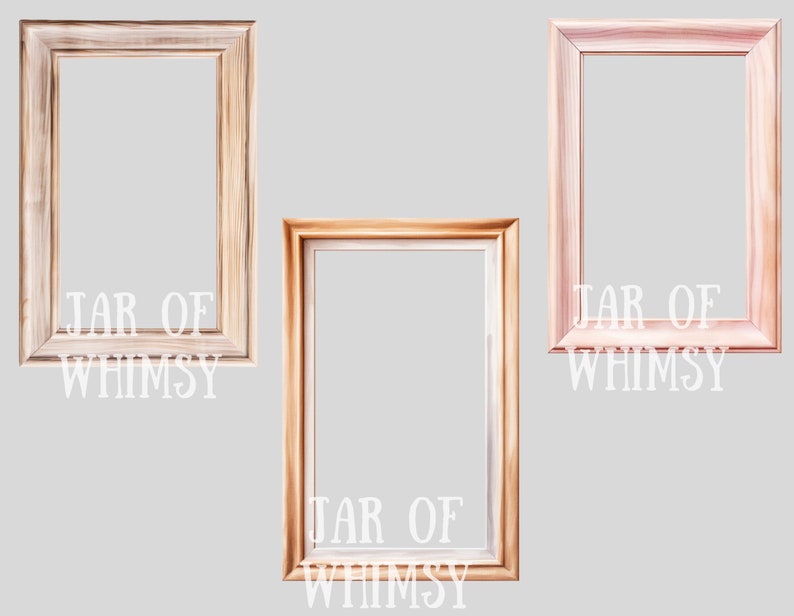 May include: Three wooden picture frames with a white background. The frames are all different colors: one is light brown, one is medium brown, and one is pink. The frames all have the text "JAR OF WHIMSY" printed on them.