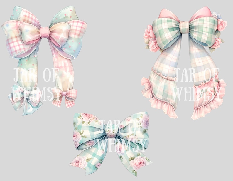 Puede incluir: Tres lazos de color pastel con detalles florales y patrones de cuadros. Los lazos est&aacute;n atados con una cinta rosa y tienen una est&eacute;tica vintage.