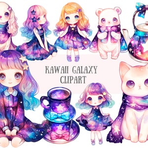 Watercolour Galaxy Girl Clipart Kawaii Galaxy Animals PNG Digital Image Download for Card Making Scrapbook Junk Journal Paper Craft
