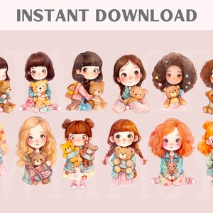 Puede incluir: Una ilustraci&oacute;n digital de 10 chicas con cabello casta&ntilde;o, vistiendo diferentes atuendos y sosteniendo osos de peluche. Las chicas sonr&iacute;en todas y tienen ojos de diferentes colores. El fondo es de color rosa claro.