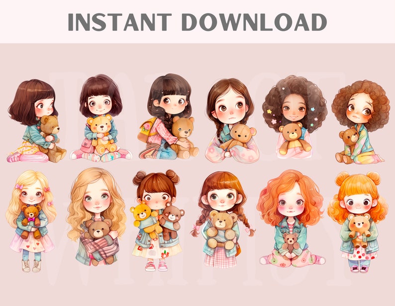 Puede incluir: Una ilustraci&oacute;n digital de 10 chicas con cabello casta&ntilde;o, vistiendo diferentes atuendos y sosteniendo osos de peluche. Las chicas sonr&iacute;en todas y tienen ojos de diferentes colores. El fondo es de color rosa claro.