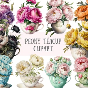 Acquerello peonia Teacup Clipart Tea Time PNG Download di immagini digitali per la creazione di cartoline Scrapbook Junk Journal Paper Crafts