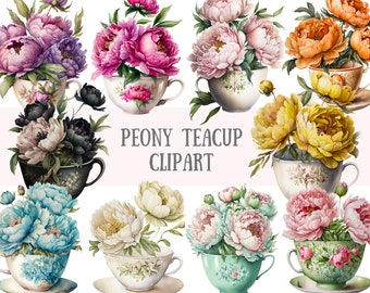 Acuarela Peony Teacup Clipart Tea Time PNG Descargas de imágenes digitales para hacer tarjetas Scrapbook Junk Journal Paper Crafts