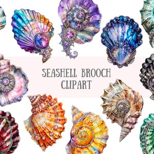Acuarela Seashell Broche Clipart Playa Esmalte Joyería PNG Descargas de imágenes digitales para la fabricación de tarjetas Scrapbook Junk Journal Paper Crafts