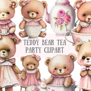 Clipart Tea Party aquarelle ours en peluche - bébé ours rose PNG image numérique à télécharger pour la fabrication de cartes, album, journal indésirable, travaux manuels en papier