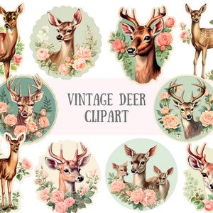 Aquarell Vintage Hirsch Clipart Shabby Chic Illustration PNG digitales Bild Downloads für die Kartenherstellung Scrapbook Junk Journal Papierhandwerk