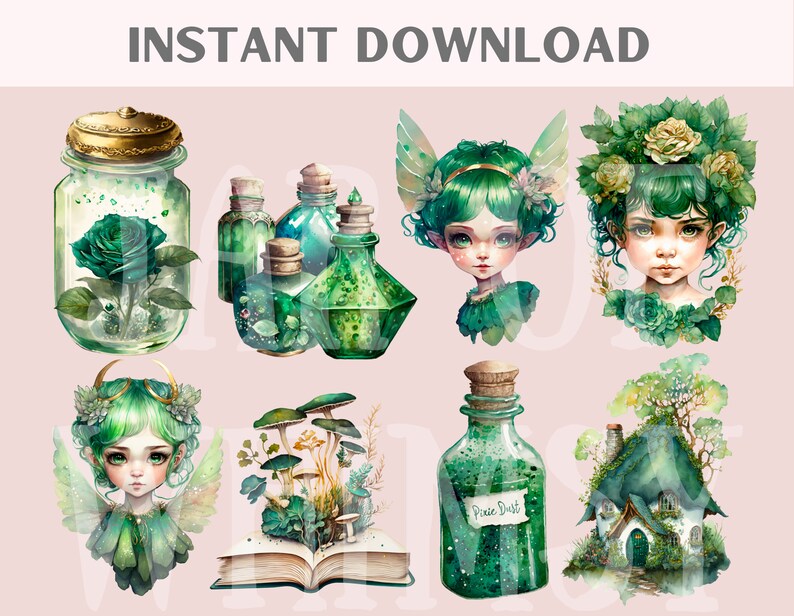 Watercolour Emerald Green Fairy Clipart Fairytale Fantasy PNG Digital ...