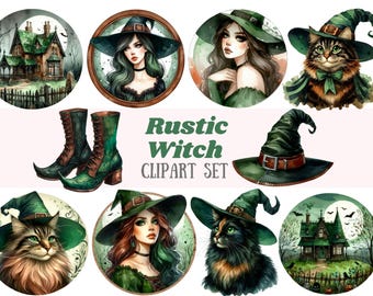 Watercolour Rustic Witch Clipart Forest Nature Woodland Witch PNG Digital Image Download for Card Making Scrapbook Junk Journal Paper Craft