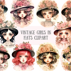 Acquerello Vintage Girls in Hats Clipart Vintage Little Girl PNG Download di immagini digitali per la realizzazione di cartoline Scrapbook Junk Journal Paper Craft