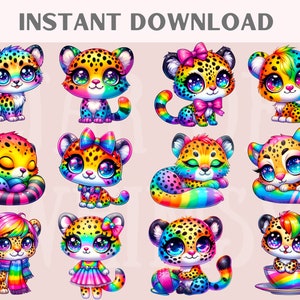 Puede incluir: Doce ilustraciones digitales de adorables cachorros de guepardo arco&iacute;ris de dibujos animados en varias poses. Los cachorros llevan lazos, bufandas y vestidos. Algunos sostienen ovillos de lana, tazas de t&eacute; y otros accesorios.