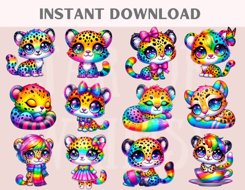 Puede incluir: Doce ilustraciones digitales de adorables cachorros de guepardo arco&iacute;ris de dibujos animados en varias poses. Los cachorros llevan lazos, bufandas y vestidos. Algunos sostienen ovillos de lana, tazas de t&eacute; y otros accesorios.