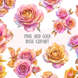 Aquarell Rosa und Gold Rose Clipart Blume Blumenstrauß PNG digitale Bild-Downloads für die Kartenherstellung Scrapbook Junk Journal Papierhandwerk