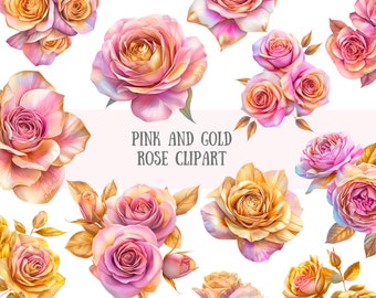 Watercolour Pink and Gold Rose Clipart Flower Floral Bouquet PNG Digital Image Downloads for Card Making Scrapbook Junk Journal Paper Crafts