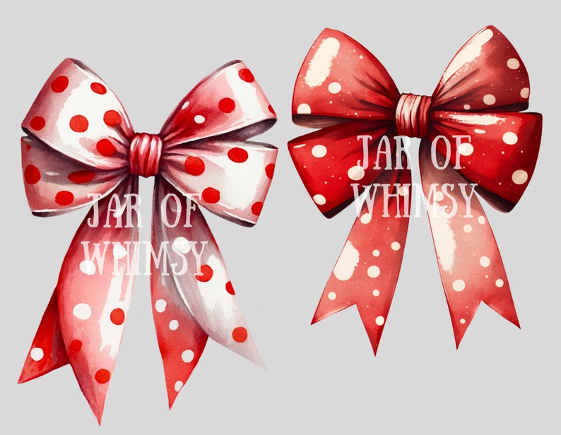 May include: Two red and white polka dot bows with the text "JAR OF WHIMSY" in white.