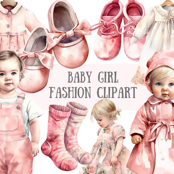 Watercolour Vintage Baby Girl Fashion Clipart Baby Shower PNG Digital Image Downloads for Card Making Scrapbook Junk Journal Paper Crafts