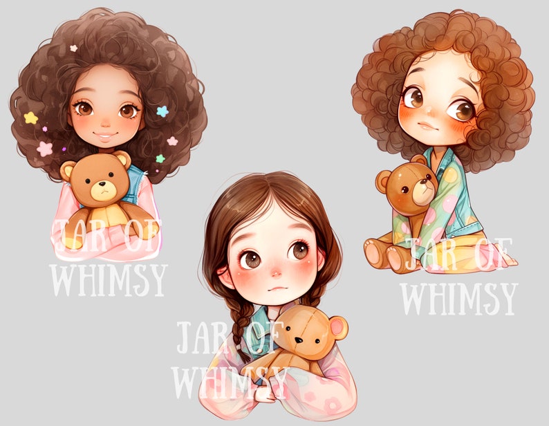 Puede incluir: Tres chicas de dibujos animados con cabello casta&ntilde;o y ojos marrones sostienen osos de peluche. Cada chica lleva un atuendo diferente. El texto "JAR OF WHIMSY" est&aacute; escrito debajo de cada chica.