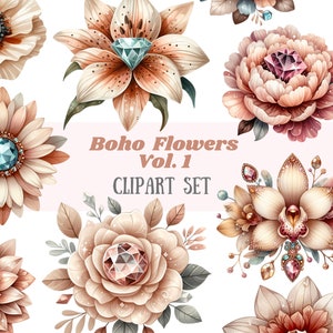 Aquarela Boho Flores Clipart Elementos de flores de outono Downloads de imagens digitais PNG para fazer cartões Scrapbook Junk Journal Paper Crafts