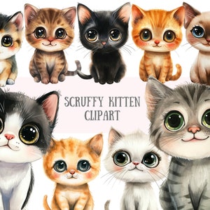 Aquarell Scruffy Kätzchen Clipart niedliche kleine flauschige Katzen PNG digitale Bild-Downloads für die Kartenherstellung Scrapbook Junk Journal Papierhandwerk