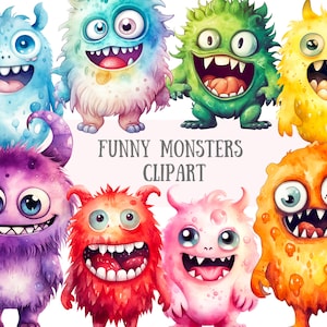 Aquarell lustige Monster Clipart Kawaii Halloween PNG digitale Bild-Downloads für die Kartenherstellung Scrapbook Junk Journal Papierhandwerk