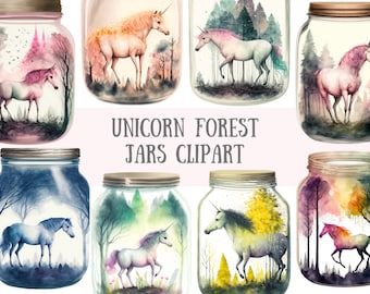 Watercolour Unicorn Forest Jars Clipart - Magic Fantasy PNG Digital Image Downloads for Card Making, Scrapbook, Junk Journal, Paper Crafts