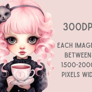 May include: A digital illustration of a girl with pink curly hair wearing a black dress and a cat headband. She is holding a pink teacup with a floral design.