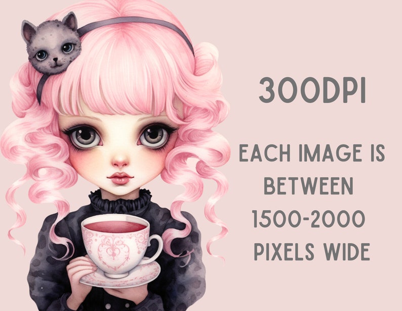 May include: A digital illustration of a girl with pink curly hair wearing a black dress and a cat headband. She is holding a pink teacup with a floral design.