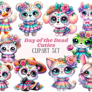 Aquarell Tag der Toten Tier Clipart Sugar Skull Tier PNG digitale Bild-Downloads für die Kartenherstellung Scrapbook Junk Journal Papierhandwerk