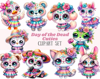 Könnte beinhalten: Ein Set mit zehn digitalen Clipart-Bildern, die niedliche Comic-Tiere zeigen, die in Outfits im Stil des Día de Muertos gekleidet sind. Zu den Tieren gehören eine Ente, ein Panda, ein Lama, eine Katze, ein Frosch, ein Kaninchen und mehr. Die Bilder sind perfekt, um festliche Bastelarbeiten, Karten und Dekorationen zu erstellen.
