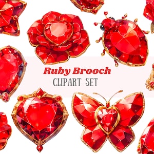 Acuarela Rubí Broche Clipart Julio Birthstone Joyería PNG Descargas de imágenes digitales para la fabricación de tarjetas Scrapbook Junk Journal Paper Crafts