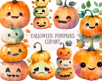 Könnte beinhalten: Ein Set mit Aquarell-Halloween-Kürbis-Clipart mit verschiedenen Ausdrücken und Designs. Die Kürbisse sind orange, grün und braun mit süßen Gesichtern und einige haben einen Stapel Kürbisse oben drauf.