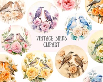 Watercolour Vintage Bird Clipart Pastel Floral Bird Graphics PNG Digital Image Downloads for Card Making Scrapbook Junk Journal Paper Crafts