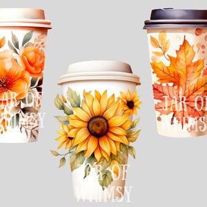 May include: Three to-go coffee cups with different floral designs. The first cup has orange and yellow flowers, the second cup has sunflowers, and the third cup has fall leaves. Each cup has the text "Jar of Whimsy" printed on it.