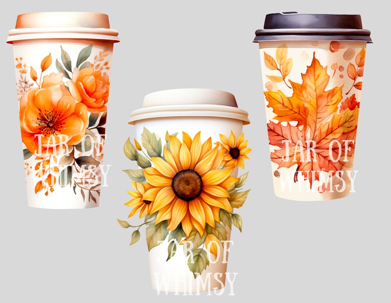 May include: Three to-go coffee cups with different floral designs. The first cup has orange and yellow flowers, the second cup has sunflowers, and the third cup has fall leaves. Each cup has the text "Jar of Whimsy" printed on it.