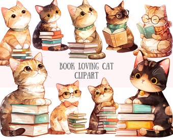 Watercolour Book Loving Cat Clipart Cats Reading PNG Digital Image Downloads for Card Making Scrapbook Junk Journal Paper Crafts
