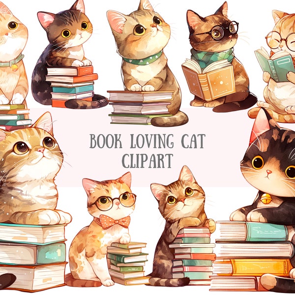 Watercolour Book Loving Cat Clipart Cats Reading PNG Digital Image Downloads for Card Making Scrapbook Junk Journal Paper Crafts