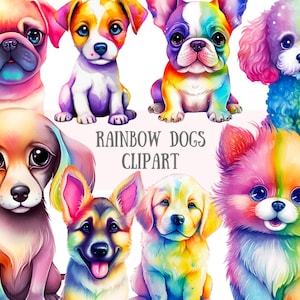 Aquarelle lumineux chiens arc-en-ciel des cliparts Chiot Kawaii PNG Image numérique à télécharger pour la fabrication de cartes, scrapbooking, journal indésirable, travaux manuels en papier