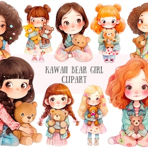 Aquarela Kawaii Bear Girl Clipart Cute Chibi Anime Girl Downloads de imagens digitais PNG para fazer cartões Scrapbook Junk Journal Paper Crafts