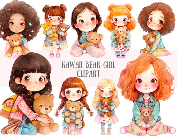 Watercolour Kawaii Bear Girl Clipart Cute Chibi Anime Girl PNG Digital Image Downloads for Card Making Scrapbook Junk Journal Paper Crafts