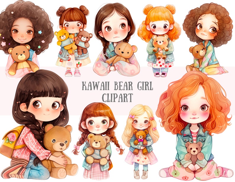 Puede incluir: Ilustraci&oacute;n digital de diez chicas de dibujos animados lindas con cabello casta&ntilde;o, rubio y rojo. Cada chica sostiene un oso de peluche marr&oacute;n. Las chicas visten ropa colorida y sonr&iacute;en. El texto "Kawaii Bear Girl Clipart" est&aacute; escrito en el centro de la imagen.