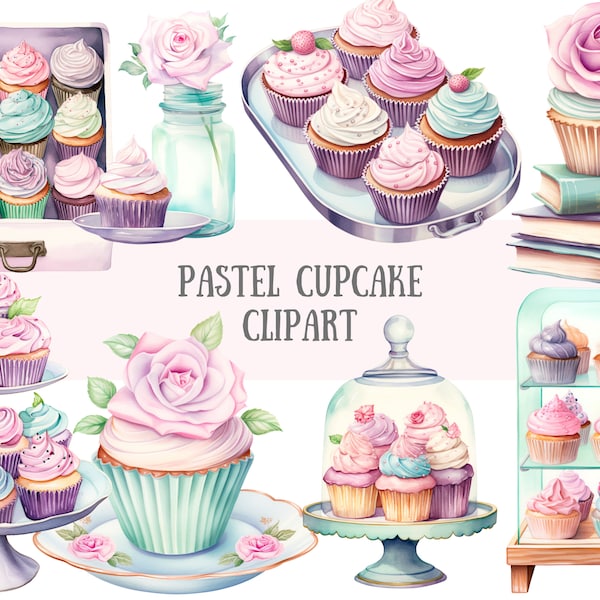 Watercolour Pastel Cupcake Clipart Cupcake Bakery PNG Digital Image Downloads for Card Making Scrapbook Junk Journal Paper Crafts
