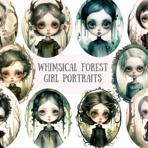 Aquarelle lunatique forêt fille Clipart gothique fille PNG Image numérique à télécharger pour la fabrication de cartes Scrapbook Junk Journal travaux manuels en papier