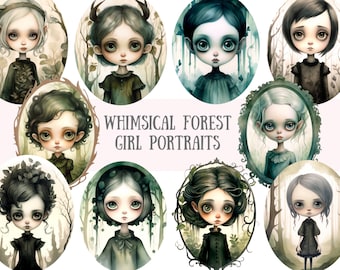 Aquarell wunderliche Wald Mädchen Clipart Gothic Girl PNG digitale Bild-Downloads für die Kartenherstellung Scrapbook Junk Journal Papierhandwerk