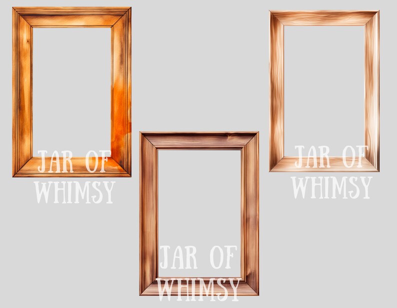 May include: Three wooden picture frames with the text "JAR OF WHIMSY" printed on the bottom of each frame. The frames are different sizes and have a natural wood finish.